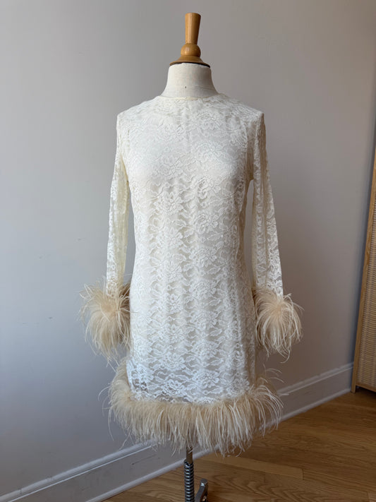 60s Reworked Lace Mini Dress w Ostrich feather Cuff & Hem