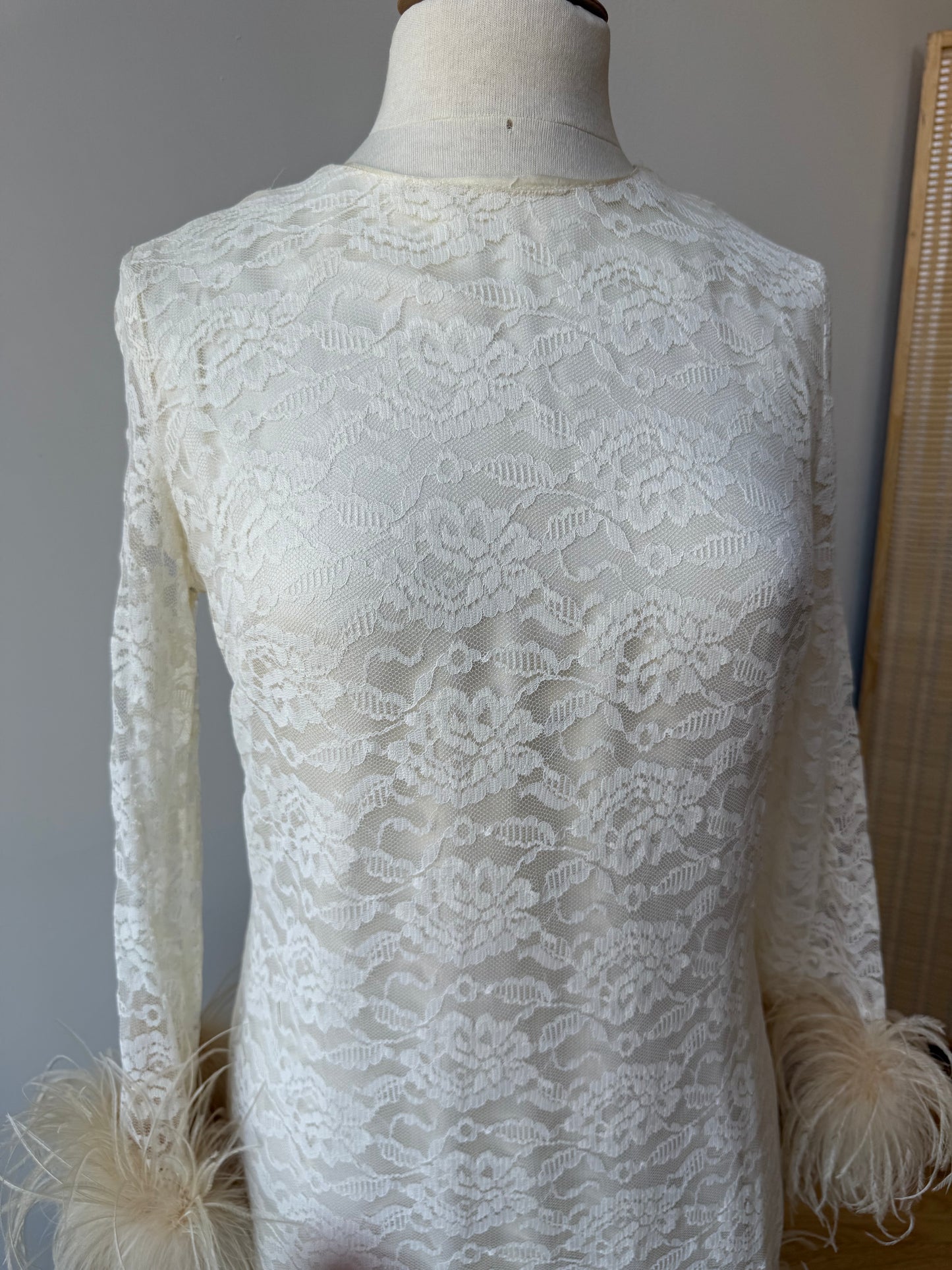 60s Reworked Lace Mini Dress w Ostrich feather Cuff & Hem