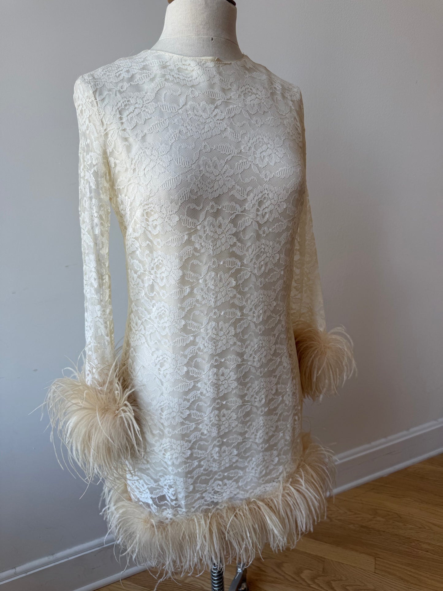 60s Reworked Lace Mini Dress w Ostrich feather Cuff & Hem