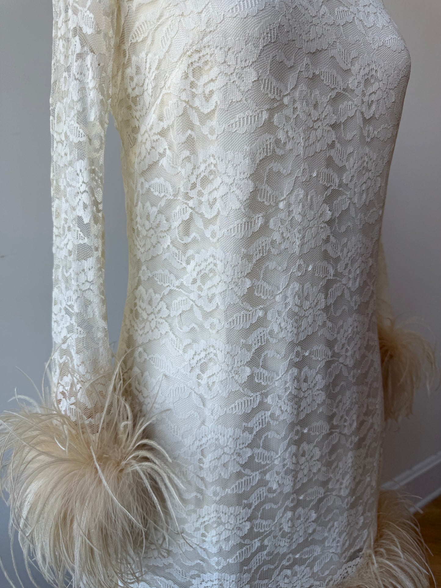 60s Reworked Lace Mini Dress w Ostrich feather Cuff & Hem
