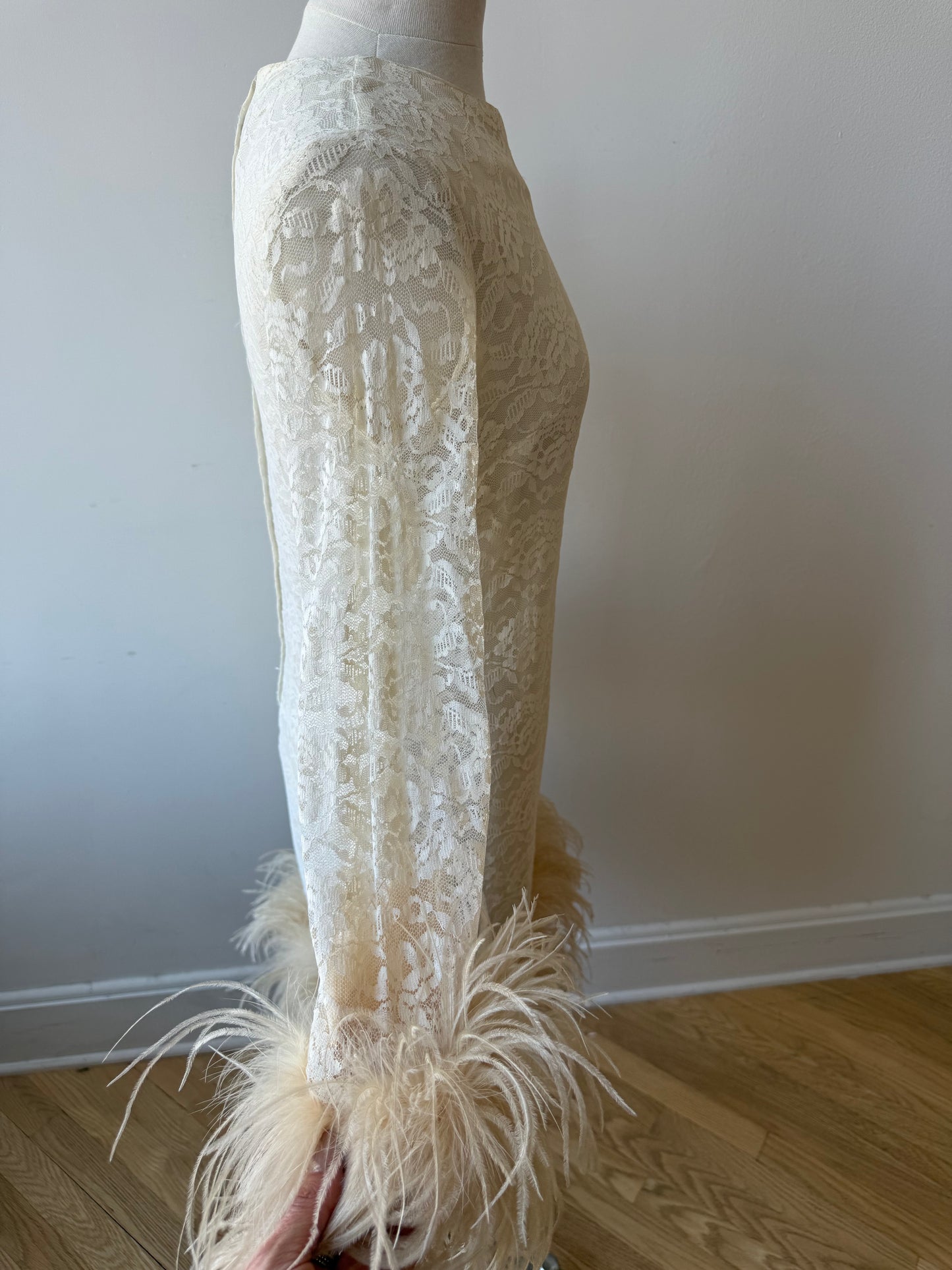 60s Reworked Lace Mini Dress w Ostrich feather Cuff & Hem