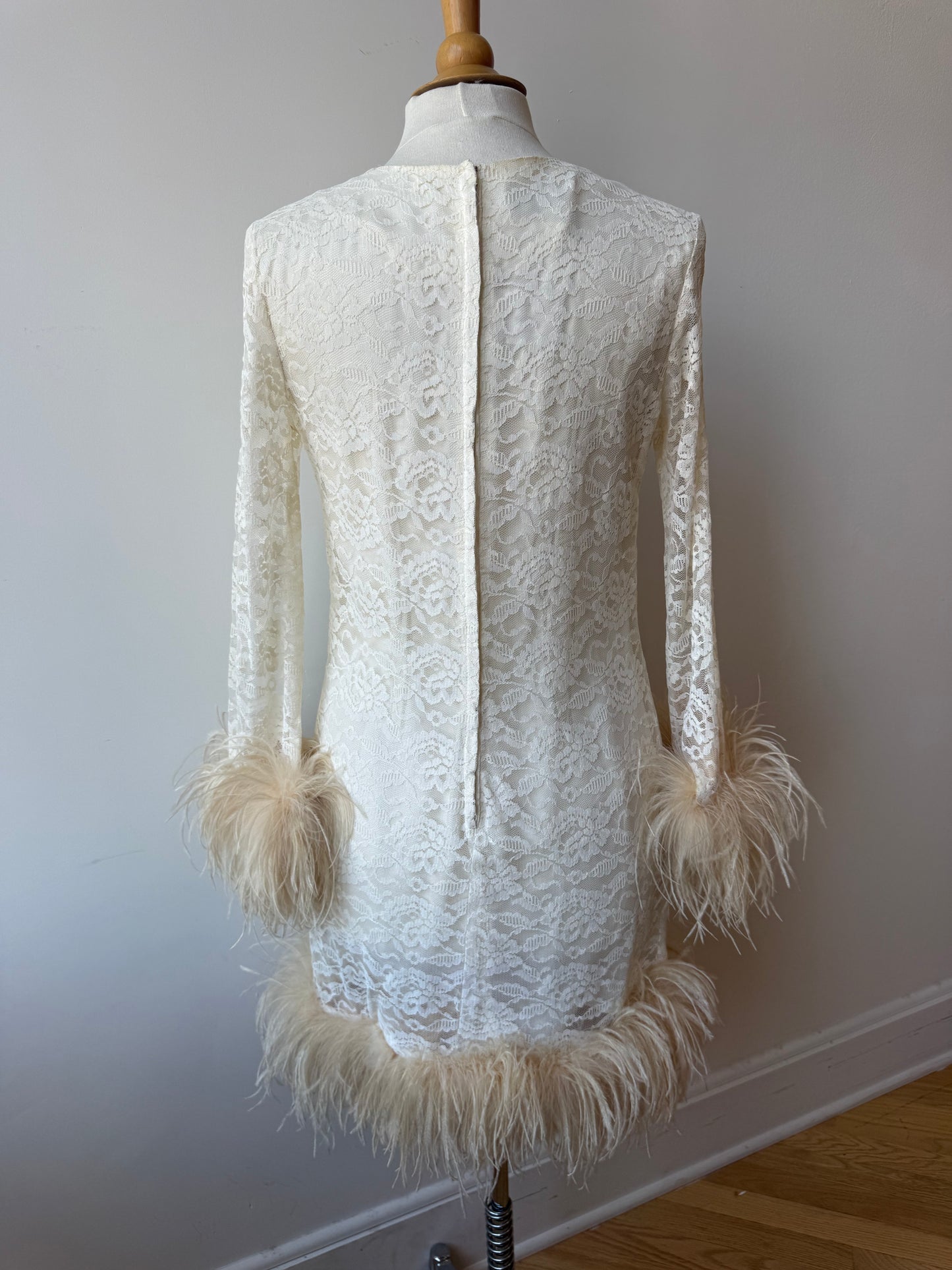 60s Reworked Lace Mini Dress w Ostrich feather Cuff & Hem