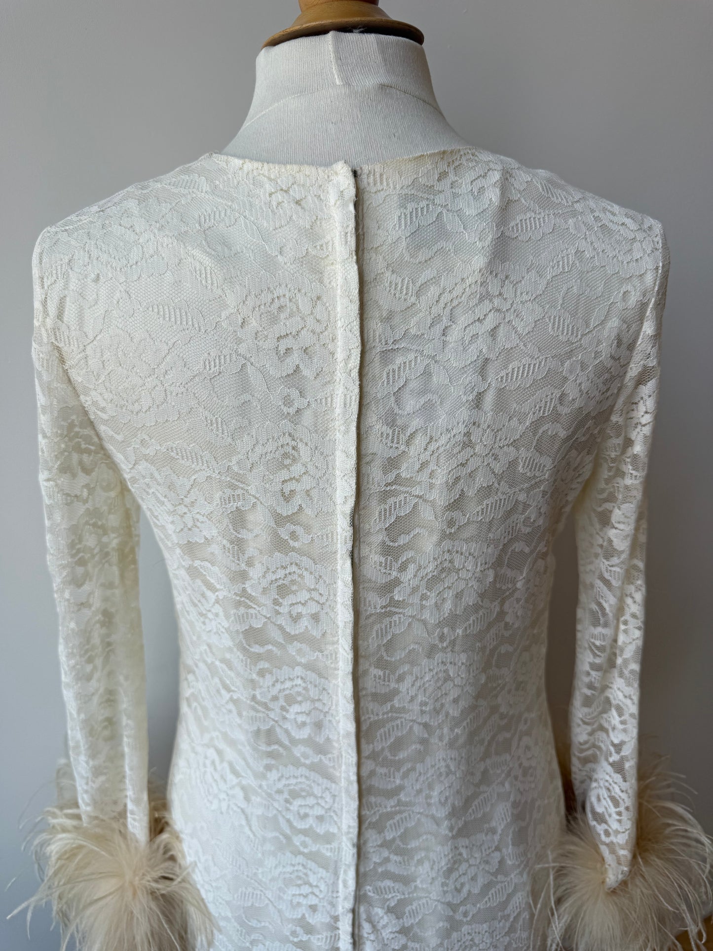 60s Reworked Lace Mini Dress w Ostrich feather Cuff & Hem