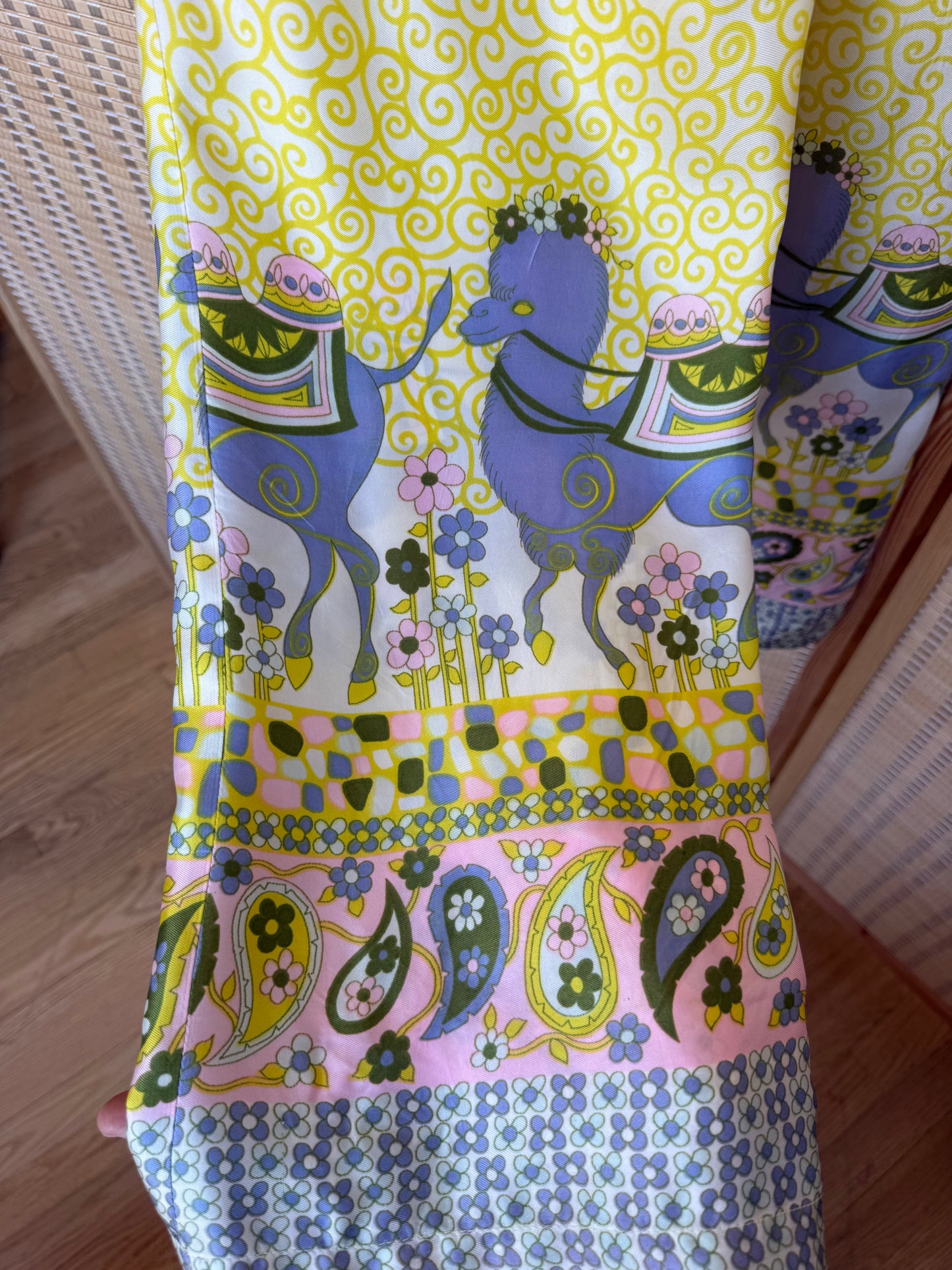 70s Yellow Silk Novelty Print Wide Leg Pant