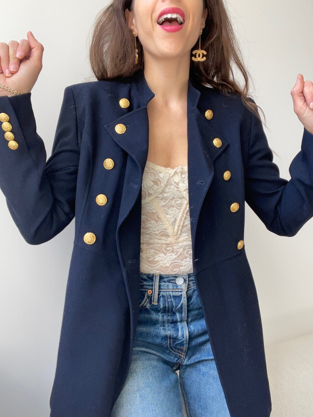 women smiling wearing vintage navy blue ralph lauren blazer with gold buttons